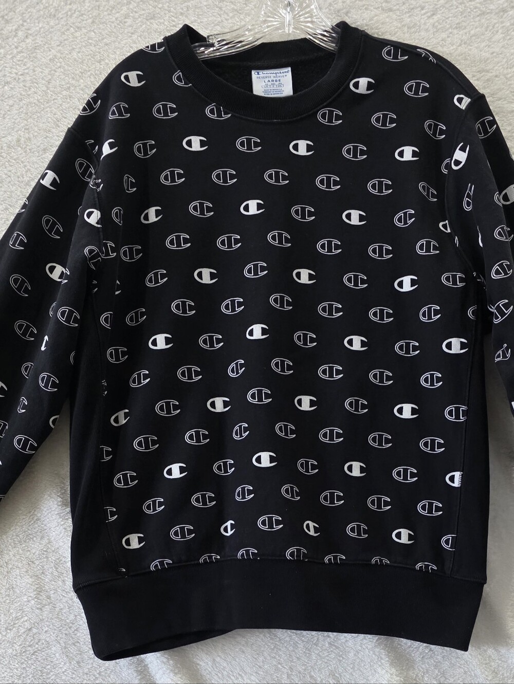 Champion Reverse Weave Sweatshirt Mens L Pullover Black All Over Print Logo